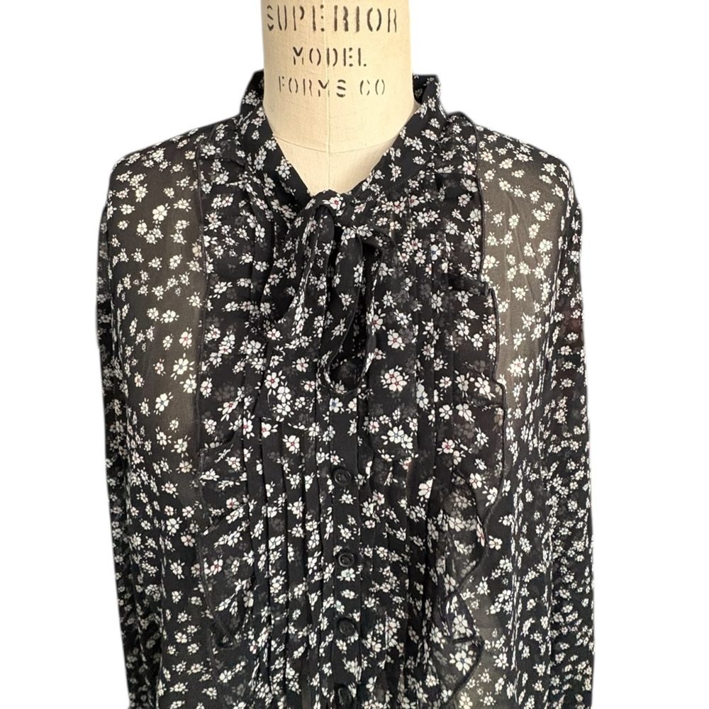 Express Black White Floral Blouse Ruffle Front Sheer Tie Neckline Office Size M - Picture 4 of 11